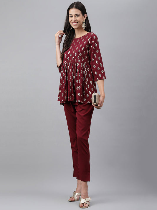 Janasya Women's Wine Crepe Foil Printed Flared Festive Top Set | Swadesiicart