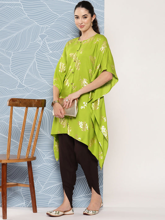 Janasya Women's Lime Green Rayon Foil Printed Kaftan Festive Kurta Set - Swadesiicart