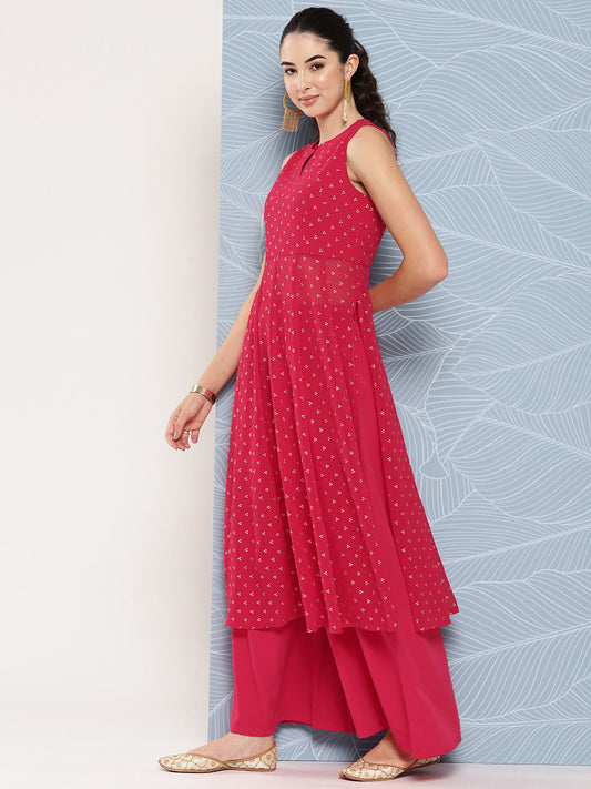 Janasya Women's Pink Georgette Foil Printed Panelled Festive Kurta Set | Swadesiicart