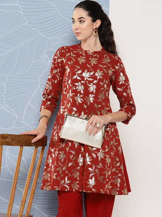 Janasya Women's Brick Red Crepe Foil Printed A-line Festive Tunic Set | Swadesiicart