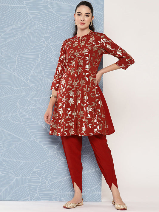 Janasya Women's Brick Red Crepe Foil Printed A-line Festive Tunic Set | Swadesiicart