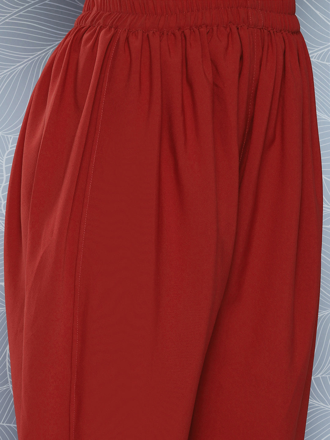 Janasya Women's Brick Red Crepe Foil Printed A-line Festive Tunic Set | Swadesiicart