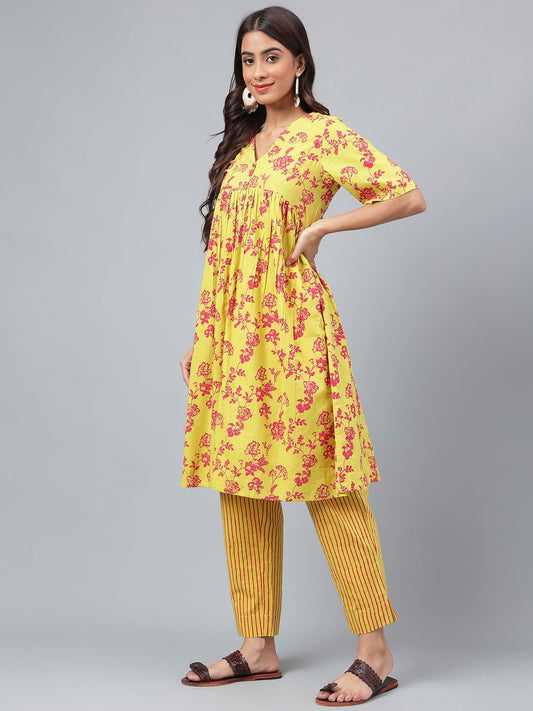 Janasya Women's Yellow Cotton Floral Printed Gathered Casual Kurta Set - Swadesiicart