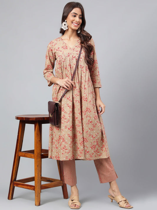 Janasya Women's Brown Cotton Floral Printed Gathered Casual Kurta Set | Swadesiicart