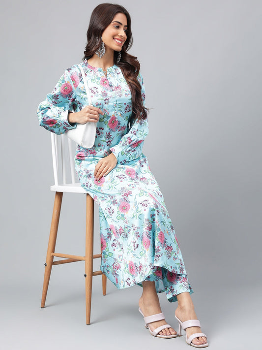 Janasya Women's Aqua Blue Satin Digital Floral Printed Straight Party kurta Set - Swadesiicart