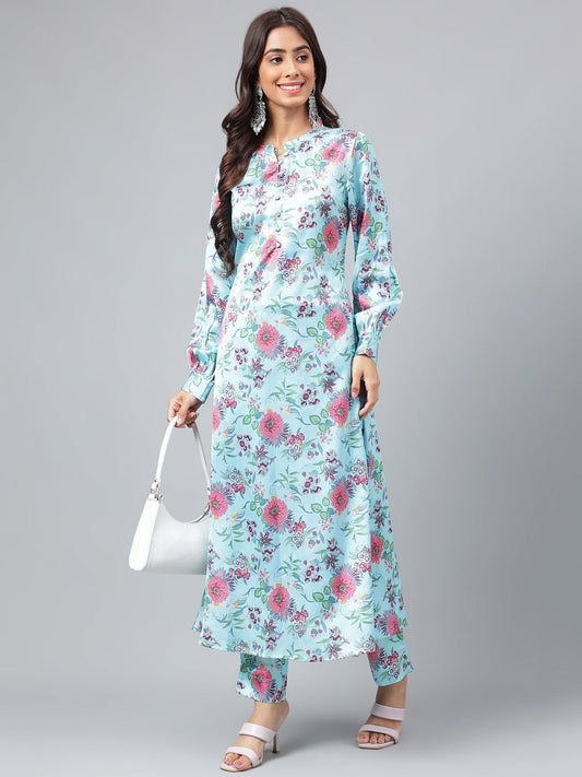 Janasya Women's Aqua Blue Satin Digital Floral Printed Straight Party kurta Set - Swadesiicart