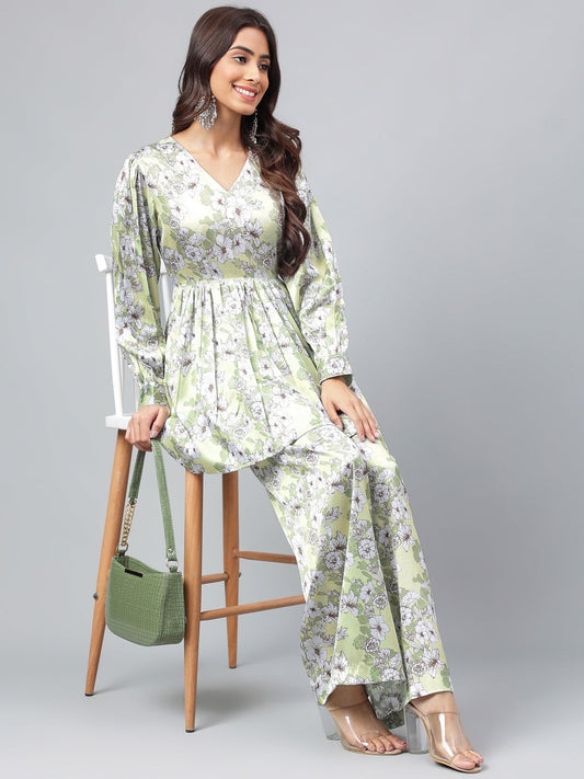 Janasya Women's Sage Green Satin Digital Floral Printed Flared Party Top Set | Swadesiicart