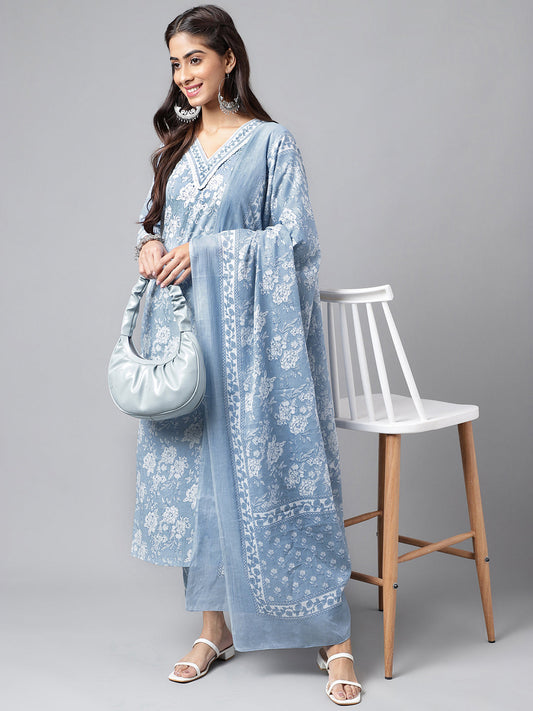 Janasya Women's Light Blue Cotton Floral Printed Straight Casual Kurta Set | Swadesiicart