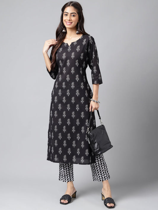 Janasya Women's Black Cotton Paisley Printed Straight Casual Kurta Set | Swadesiicart