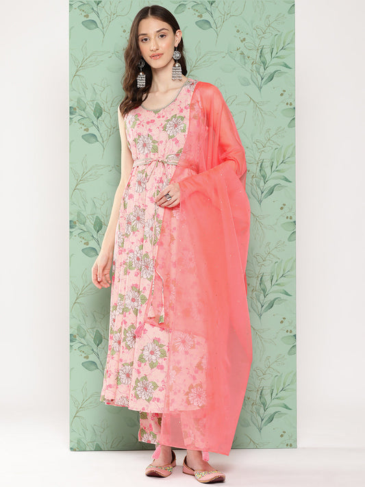 Janasya Women's Peach Moss Digital Floral Printed Flared Festive Kurta Set - Swadesiicart
