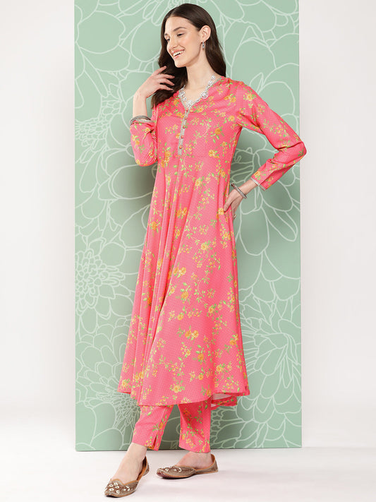 Janasya Women's Pink Moss Digital Floral Printed Panelled Festive Kurta Set | Swadesiicart
