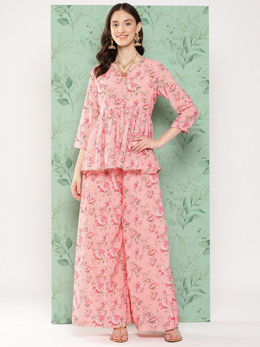 Janasya Women's Peach Georgette Digital Floral Printed Peplum Festive Top Set | Swadesiicart