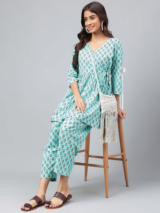Janasya Women's Aqua Green Cotton Floral Ethinc Motif Printed Flared Casual Short Kurta Set | Swadesiicart