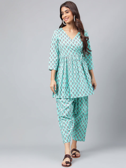 Janasya Women's Aqua Green Cotton Floral Ethinc Motif Printed Flared Casual Short Kurta Set | Swadesiicart