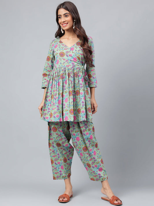 Janasya Women's Sage Green Cotton Floral Printed Flared Casual Short Kurta Set | Swadesiicart