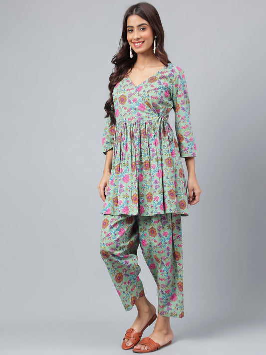 Janasya Women's Sage Green Cotton Floral Printed Flared Casual Short Kurta Set | Swadesiicart