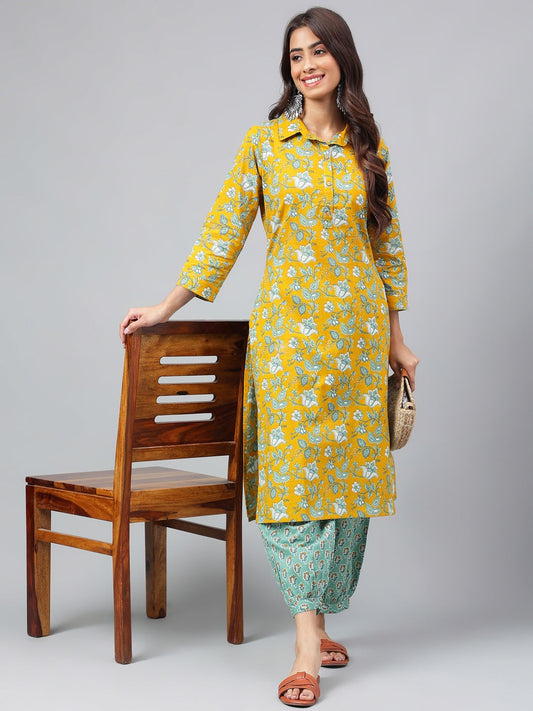 Janasya Women's Mustard Cotton Cambric Floral Printed Straight Casual Kurta Set | Swadesiicart