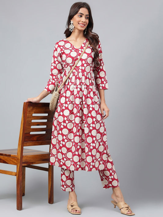 Janasya Women's Maroon Cotton Floral Printed Gathered Casual Kurta Set | Swadesiicart