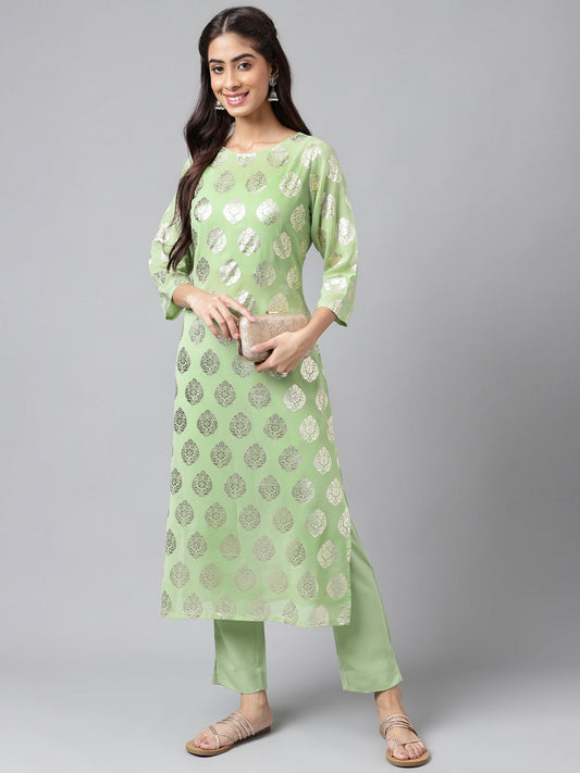 Indian Clothing Janasya Women's Light Green Georgette Foil Printed Straight Festive Kurta Set | Swadesiicart