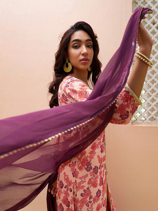 Janasya Peach Georgette Digital Floral Printed Set | Swadesiicart