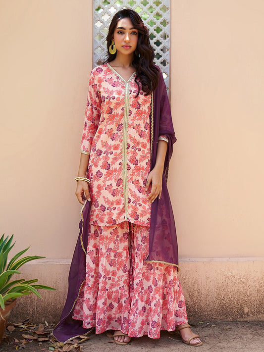 Janasya Peach Georgette Digital Floral Printed Set | Swadesiicart