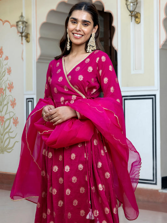 Janasya Women's Pink Brocade Woven Design Festive Angrakha Kurta Set | Swadesiicart