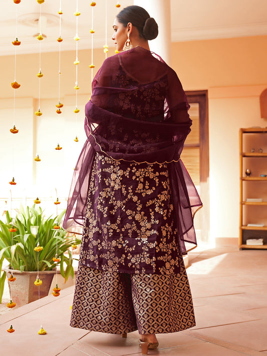 Janasya Women's Purple Brocade Woven Design Festive Straight Kurta Set | Swadesiicart
