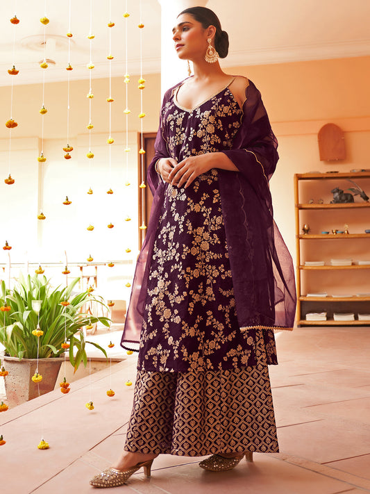 Janasya Women's Purple Brocade Woven Design Festive Straight Kurta Set | Swadesiicart