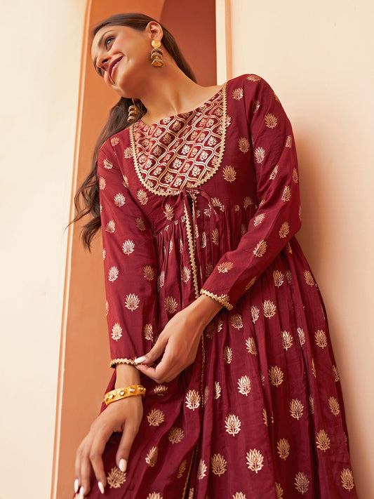 Janasya Women's Maroon Brocade Woven Design Festive Crop Top Set - Swadesiicart