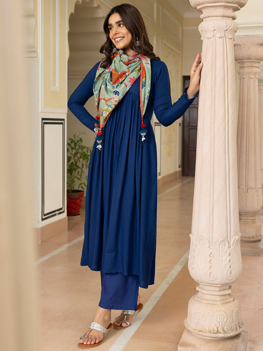 Janasya Women's Blue Rayon Solid Festive Gathered Kurta Set | Swadesiicart