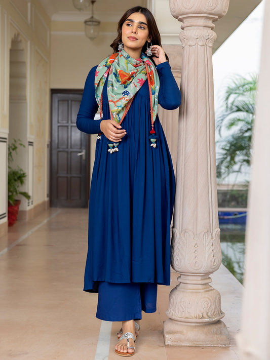 Janasya Women's Blue Rayon Solid Festive Gathered Kurta Set | Swadesiicart