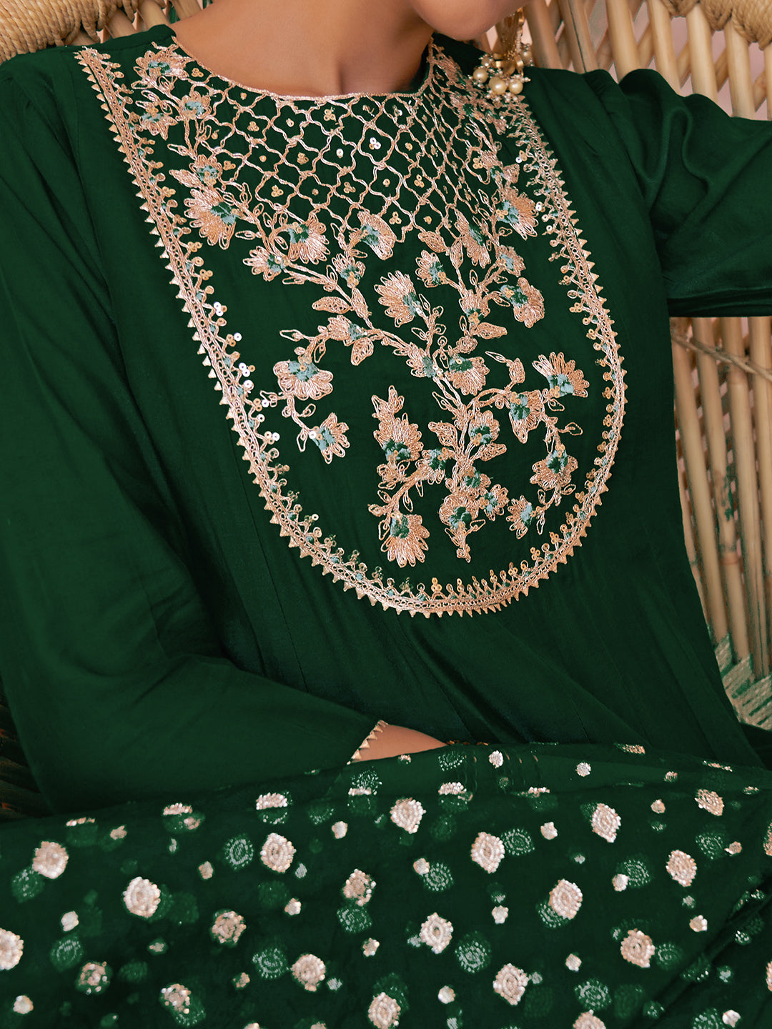 Janasya Women's Dark Green Chanderi Embellished Festive Anarkali Kurta Set | Swadesiicart
