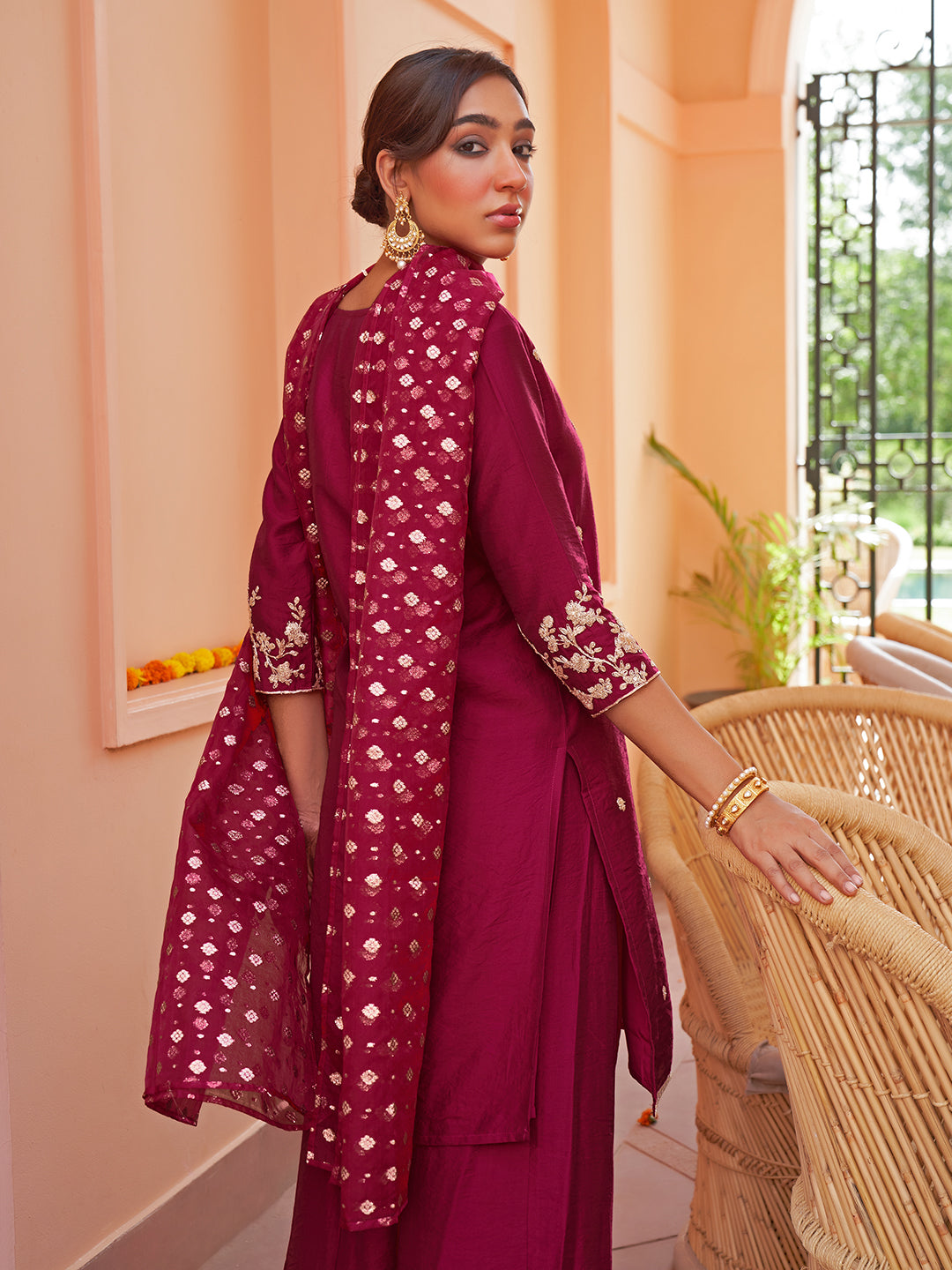 Janasya Women's Pink Chanderi Embellished Festive Straight Kurta Set | Swadesiicart