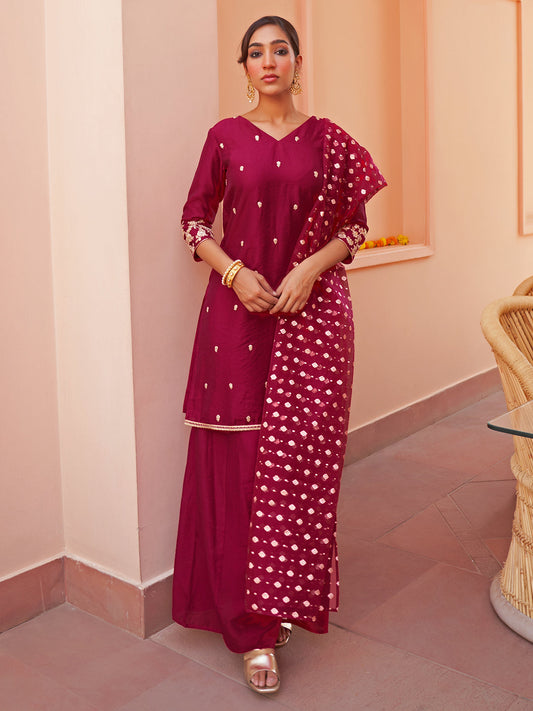 Janasya Women's Pink Chanderi Embellished Festive Straight Kurta Set | Swadesiicart