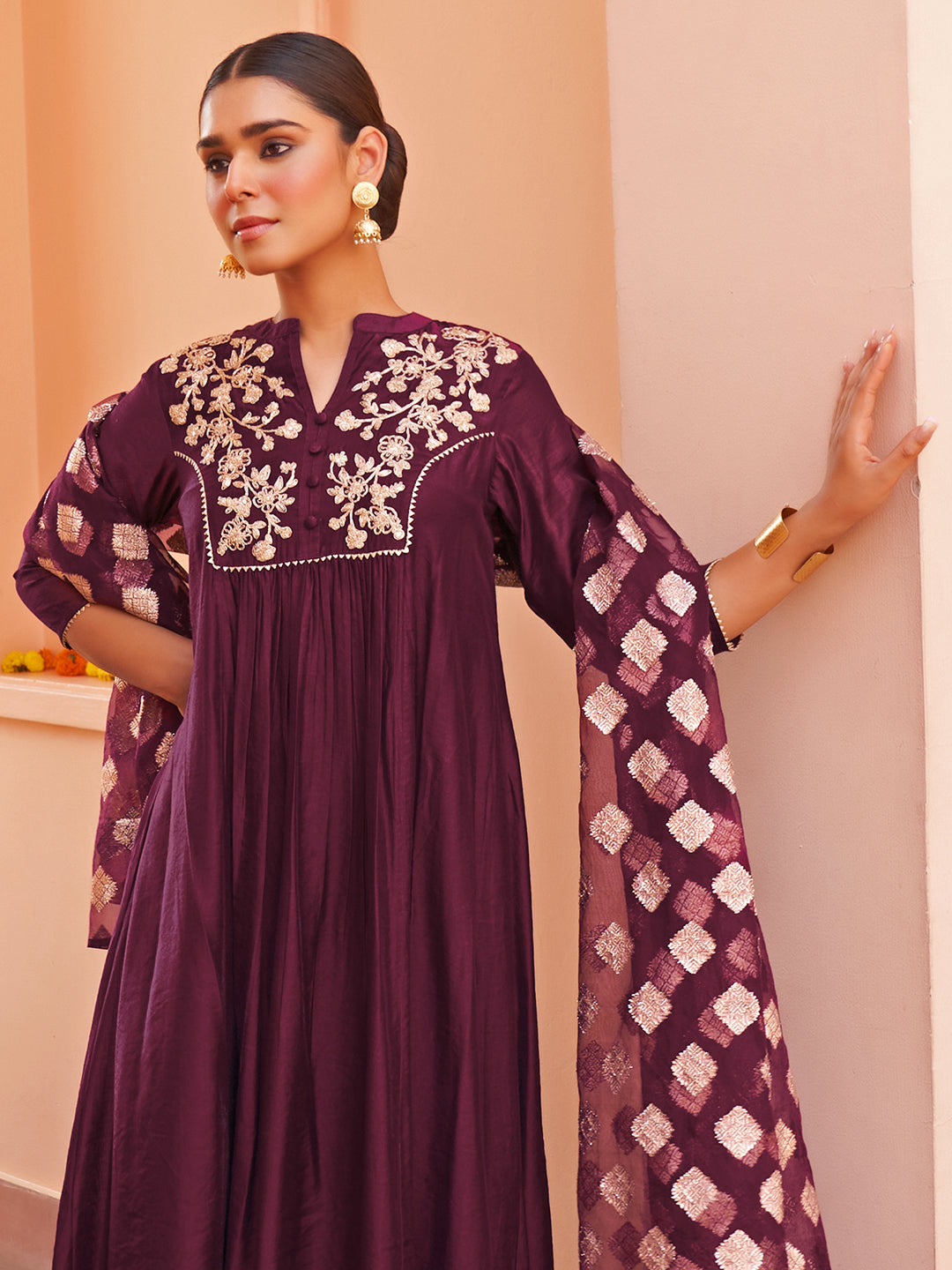 Janasya Women's Purple Chanderi Embellished Festive A-line Kurta Set | Swadesiicart