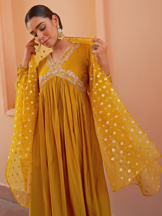 Janasya Women's Mustard Chanderi Emabellished Festive A-line Kurta Set | Swadesiicart