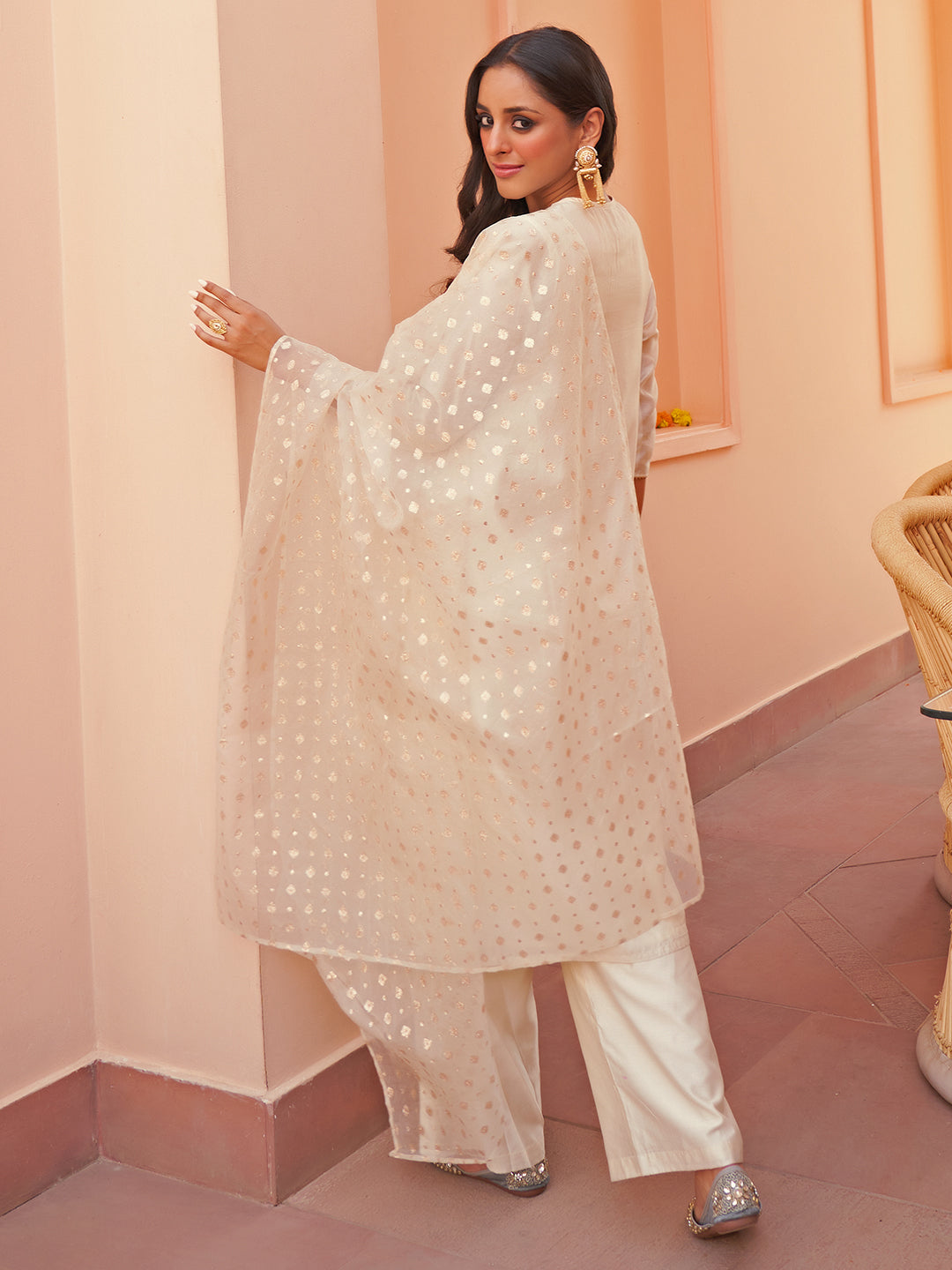 Janasya Women's Off White Chanderi Yoke Embroidery Festive Straight Kurta Set | Swadesiicart