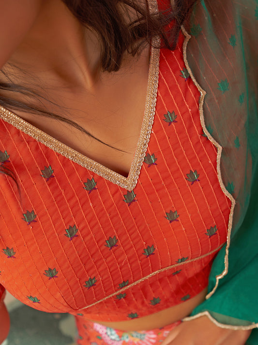 Janasya Orange Georgette Digital Floral Printed Festive Lehenga Choli | Swadesiicart