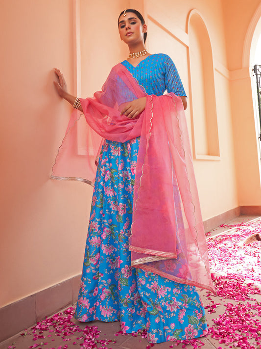 Janasya Blue Georgette Digital Floral Printed Festive Lehenga Choli | Swadesiicart