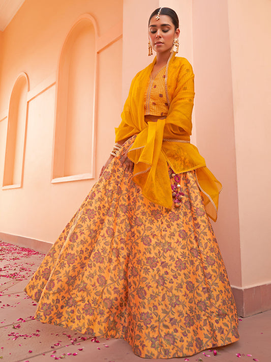 Janasya Mustard Georgette Digital Floral Printed Festive Lehenga Choli | Swadesiicart