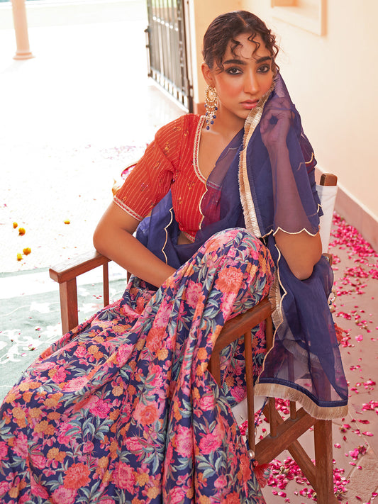 Janasya Red Georgette Digital Floral Printed Festive Lehenga Choli | Swadesiicart