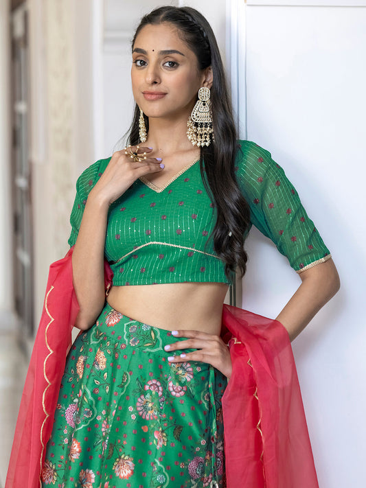 Janasya Green Georgette Digital Floral Printed Festive Lehenga Choli | Swadesiicart