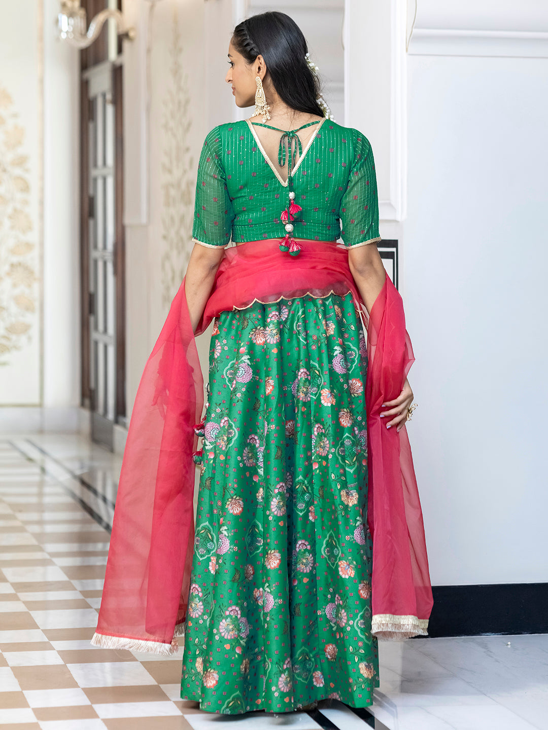 Janasya Green Georgette Digital Floral Printed Festive Lehenga Choli | Swadesiicart