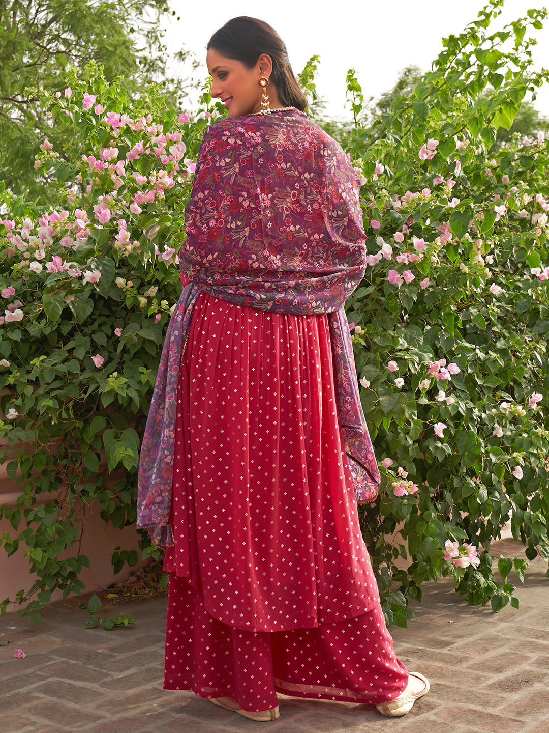 Janasya Women's Pink Georgette Foil Motif Printed Festive Gathered Kurta Set | Swadesiicart