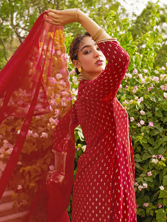 Janasya Women's Maroon Georgette Foil Motif Printed Festive A-line Kurta Set | Swadesiicart