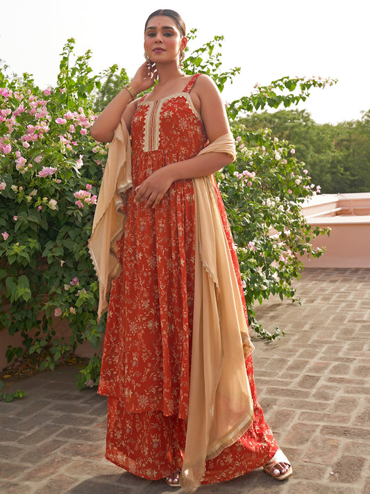 Janasya Women's Red Georgette Embellished Festive A-line Kurta Set | Swadesiicart