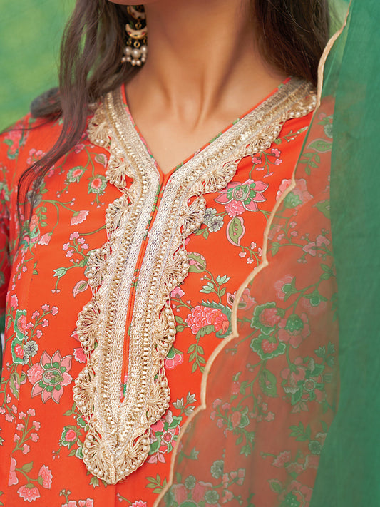 Janasya Women's Orange Georgette Botanical Printed Festive A-line Kurta Set | Swadesiicart