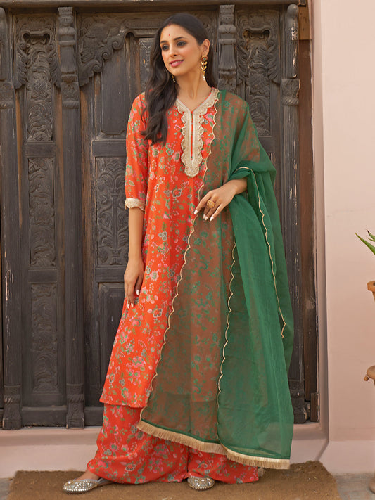 Janasya Women's Orange Georgette Botanical Printed Festive A-line Kurta Set | Swadesiicart