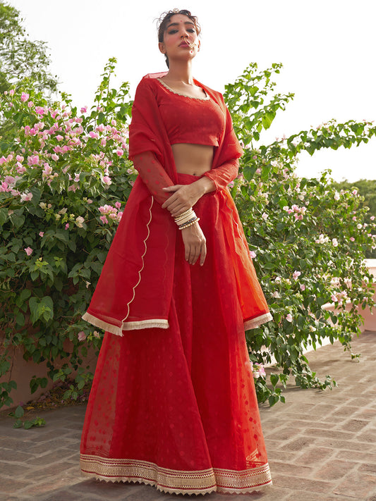Janasya Red Organza Woven Design Festive Lehenga Choli | Swadesiicart