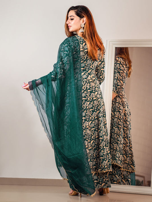 Janasya Teal Cotton Foil Floral Printed Set | Swadesiicart